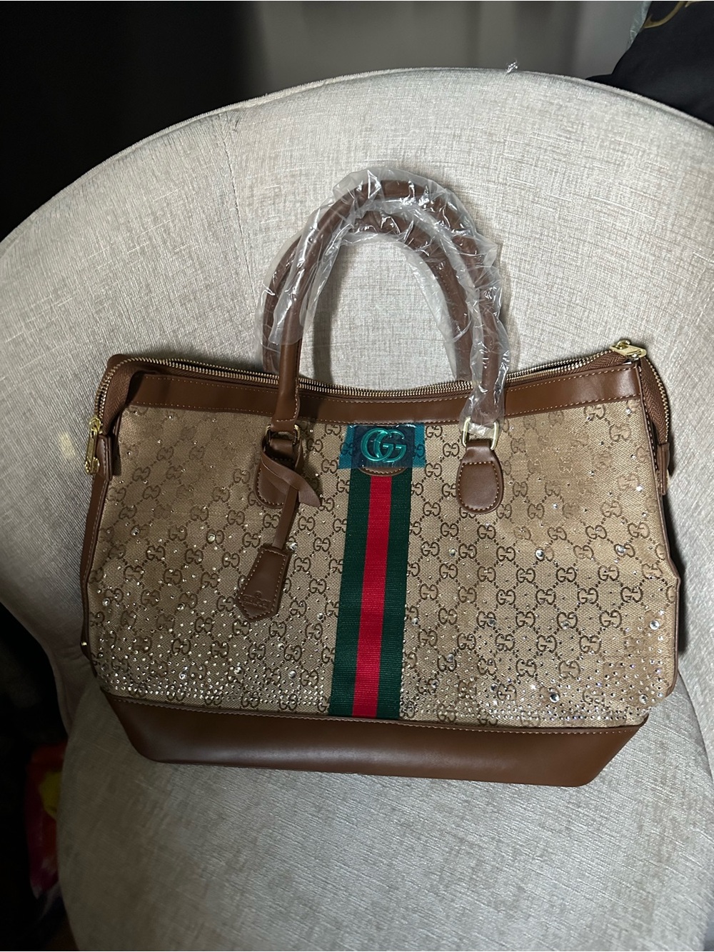 Brown Bling GG Canvas Tote with Signature Web Stripe - Picture 11 of 11